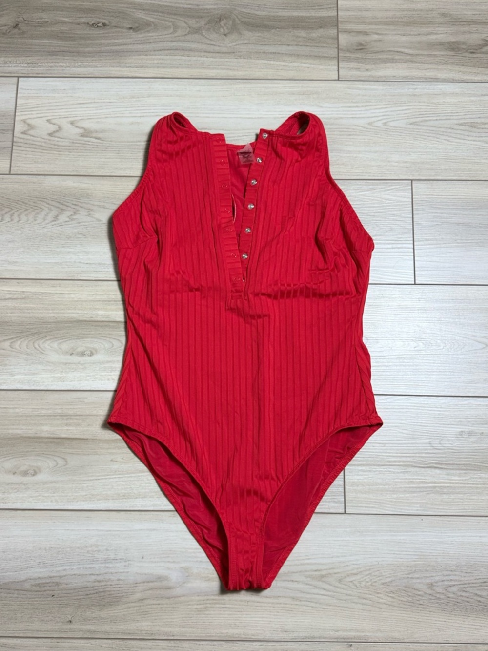 Red Ribbed Racerback One Piece Swimsuit XL Button Front NWOT